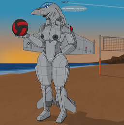 aircraft airplane anthro ball beach biped breasts dialogue f/a-18 female looking_at_viewer machine nipples nude nude_female open_mouth solo standing text vehicle volleyball_(ball) wings gambla aircraft_humanoid living_aircraft living_airplane living_machine living_vehicle absurd_res hi_res