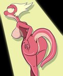 4_fingers anthro anus big_anus big_butt black_eyes blonde_hair breasts butt female fingers genitals hair hand_on_butt long_tail looking_back non-mammal_breasts nude pink_body pink_skin pose pussy raised_tail short_hair solo standing tail nokkomotion amphibia_(series) disney general_yunan amphibian newt salamander hi_res