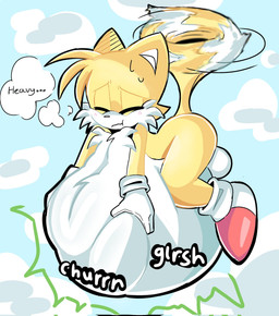 anthro balls belly big_belly blush bodily_fluids digestion digestion_noises flying fur genitals male male_pred simple_background solo sound_effects sweat vore fennecbutts sega sonic_the_hedgehog_(series) miles_prower canid canine fox mammal digital_media_(artwork) hi_res shaded simple_shading
