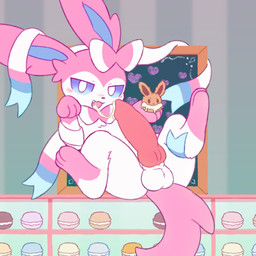 animal_genitalia animal_penis autofellatio big_penis blush bodily_fluids canine_genitalia canine_penis cookie cum cum_in_mouth cum_in_own_mouth cum_in_self cum_inside cum_on_food cum_on_penis cum_on_self feral food genital_fluids genitals holding_object knot knotted_penis macaron_(food) male masturbation oral oral_masturbation penile penile_masturbation penis presenting presenting_penis sheath small_but_hung solo sylvpak nintendo pokemon eeveelution generation_6_pokemon pokemon_(species) sylveon 1:1