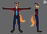 anthro belt bottomwear clock clothing denim denim_bottomwear denim_clothing eyewear flannel_shirt glasses jeans male pants peace_symbol shirt solo topwear watch supermattym8 galax_operi canid canine fox mammal hi_res model_sheet