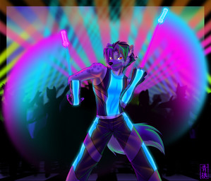 5_fingers anthro black_nose bottomwear cheek_tuft clothed clothing dancing dark facial_tuft fingerless_gloves fingers fluffy fluffy_tail fully_clothed fur gloves glowing glowstick hair handwear humanoid_hands inside looking_at_viewer male muscular muscular_anthro muscular_male pants pecs purple_body purple_fur rave raver red_eyes shirt smile solo tail tank_top topwear tuft two_tone_tail sapphwolf shytzo hyena mammal spotted_hyena