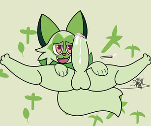 anthro balls big_penis bodily_fluids cat_tail cigarette cum cum_on_penis cum_on_self erection fangs feral fur genital_fluids genitals glans green_background green_balls green_body green_ears green_fur green_penis green_tail half-closed_eyes humanoid_genitalia humanoid_genitalia_on_feral humanoid_penis humanoid_penis_on_feral iris male narrowed_eyes open_mouth open_smile orange_eyes penis pink_glans pink_tongue pupils quadruped simple_background smile solo spread_legs spreading tail teeth tongue young young_feral young_male youfrasn nintendo pokemon felid feline generation_9_pokemon mammal pokemon_(species) sprigatito absurd_res hi_res signature