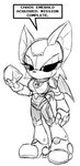 alternate_species anthro breasts chaos_emerald dialogue dialogue_box eyelashes female gem holding_gem holding_object machine medium_breasts solo standing text wings chaoscroc eggman_empire eggman_logo netflix sega sonic_prime sonic_the_hedgehog_(series) rouge_the_bat bat mammal robot 2024 english_text greyscale monochrome sketch