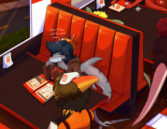 anthro blonde_hair bone_frill breasts clothed clothing crown dialogue female fin fingers frill_(anatomy) furniture green_body green_scales hair headgear long_hair male menu non-mammal_breasts orange_body orange_scales purple_body purple_scales red_eyes restaurant road scales smile tail text topwear cdepraxis burger_king fan_character valerie_(mellowcapsaicin) dinosaur fish hadrosaurid marine ornithischian ornithopod parasaurolophus prehistoric_species reptile scalie shark absurd_res english_text hi_res meme