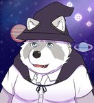 anthro clothing fur grey_body grey_fur hat headgear headwear holidays male overweight overweight_anthro overweight_male shirt solo topwear white_body white_fur harushipanda halloween mammal procyonid raccoon 2020 hi_res