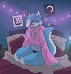 anthro bed blep clothing eyes_closed femboy furniture lamp lava_lamp light male neon_lights on_bed sitting sitting_on_bed solo sweater thick_thighs tongue tongue_out topwear kariwolf197 kitssune skyler_(pm) canid canine fox mammal lighting