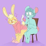 4_fingers anthro arched_back balls big_butt blue_body blue_fur blue_hair bottomwear buckteeth butt chair cheek_tuft circumcised clothing duo erection eyewear facial_tuft fingers footwear fur furniture genitals glasses hair half-closed_eyes head_tuft heart_symbol hoodie hot_dogging humanoid_genitalia humanoid_penis male male/male narrowed_eyes nude_anthro nude_male on_chair penis pink_background pink_bottomwear pink_cheeks pink_clothing pink_footwear pink_hoodie pink_nose pink_shorts pink_slippers pink_topwear sex shoes shorts simple_background sitting sitting_on_chair slippers small_tail smile tail teeth topwear tuft wearing_glasses yellow_body yellow_fur cchilab happy_tree_friends biscuit_(bizkit) cuddles_(htf) lagomorph leporid mammal murid murine rabbit rat rodent 2025 absurd_res english_description hi_res