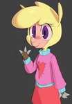 alpaca anthro blush bottomwear camelid clothing cloven_hooves female heart_symbol hi_res hitsuji hooves looking_at_viewer mammal paprika_paca_(tfh) purple_eyes simple_background skirt solo sweater them's_fightin'_herds topwear young