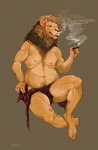 anthro cigar holding_cigar holding_object male mostly_nude simple_background slightly_chubby smoking smoking_cigar smoking_tobacco solo molvno felid lion mammal pantherine hi_res