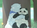 anthro black_body black_fur black_nose blush detailed_background duo fur hug kemono outside plant sitting slightly_chubby tree white_body white_fur kumao shirokuma_cafe panda-kun shirokuma bear giant_panda mammal polar_bear ursine 2013 4:3 unavailable_at_source