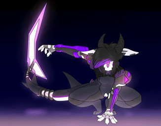 ambiguous_gender anthro crouching ear_piercing glowing gradient_background hair horn machine piercing prosthetic prosthetic_limb simple_background solo backsash fauxpaw aquatic fish radiant_draco robot shark 2016 absurd_res digital_media_(artwork) hi_res shaded