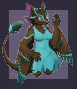 3_fingers 4_ears anthro avian_hands black_eyes blue_clothing blue_dress blue_tail_feathers blue_tail_tip breasts brown_body brown_feathers clothed clothing dipstick_tail dress eyewear feathers female fingers glasses grey_eyewear grey_glasses looking_at_viewer markings multi_ear multicolored_body multicolored_feathers round_glasses simple_background smile smiling_at_viewer solo tail tail_markings text tuft wearing_glasses winged_arms wings cosmicsaturn mylo_(mylowhylo) avali avian bird absurd_res artist_name hi_res url