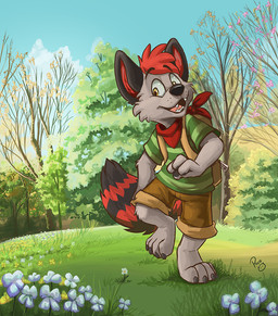 anthro barefoot black_ears black_nose black_tail blue_sky bottomwear brown_bottomwear brown_clothing brown_shorts clothed clothing cloud fangs feet front_view fur glistening glistening_eyes grass green_clothing green_shirt green_t-shirt green_topwear grey_body grey_fur hair logo male markings open_mouth open_smile orange_eyes outside pattern_clothing pattern_shirt pattern_t-shirt pattern_topwear pink_tongue plant red_hair red_tail shirt short_hair shorts sky smile solo striped_clothing striped_markings striped_shirt striped_t-shirt striped_tail striped_topwear stripes t-shirt tail tail_markings teeth tongue topwear tree young young_anthro young_male pandapaco canid canine mammal artist_logo full-length_portrait portrait signature