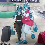 airport anthro anthrofied arm_over_shoulder athletic_wear belly big_breasts black_clothing blue_body blue_eyes blue_fur blue_hair blue_nose blush bottomwear bra breasts cleavage_cutout clothed clothing curvy_figure cutout detailed_background duo eyes_closed feet female female/female fur fur_markings furgonomics hair hands_behind_back hindpaw huge_breasts keyhole_clothing keyhole_turtleneck lips lipstick long_hair looking_at_viewer makeup markings miniskirt nipple_outline overweight overweight_anthro overweight_female pants paws pink_bottomwear pink_clothing pink_lips pink_lipstick pink_skirt pokemorph pose short_hair skirt smile sports_bra standing standing_position suitcase sweater tail tail_through_skirt text thick_thighs tight_bottomwear tight_clothing tight_skirt tight_topwear topwear turtleneck underwear voluptuous wide_hips yoga_pants puppeon nintendo pokemon crystal_(puppeon) saphira_(puppeon) eeveelution generation_4_pokemon glaceon pokemon_(species) 1:1 english_text hi_res sibling_(lore) sister_(lore) sisters_(lore)