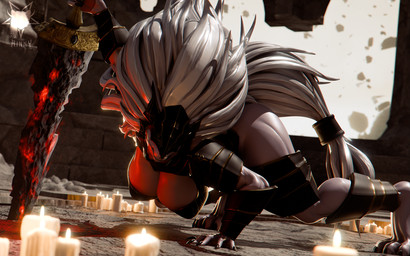 anthro armor big_breasts breasts candle claws cleavage clothed clothing crossgender crouching digitigrade female mane melee_weapon mtf_crossgender obscured_eyes skimpy smile solo sword unconvincing_armor weapon rinny da.nilkaz_(modeler) elden_ring fromsoftware maliketh_(elden_ring) canid canine canis mammal wolf 16:10 3d_(artwork) digital_media_(artwork) hi_res widescreen