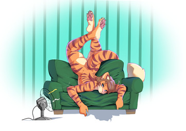 anthro blue_eyes brown_hair butt fan_(object) feet female fingers fur furniture hair half-closed_eyes heat_(temperature) looking_at_viewer narrowed_eyes nude pawpads simple_background sofa solo stripes tail toes upside_down synnfultiger synn_(synnfultiger) felid mammal pantherine tiger digital_media_(artwork) hi_res