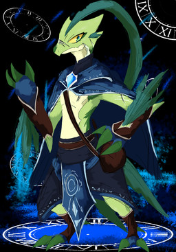 2_toes 3_fingers anthro armor bag belt blue_clothing bottomwear claws cloak clothing facial_scar feet finger_claws fingers gauntlets gloves green_body green_eyes green_scales handwear leaf leaf_hair leaf_tail loincloth male plant plant_hair pseudo_hair scales scar solo tail toe_claws toes yellow_sclera shadowsoulful nintendo pokemon fan_character generation_3_pokemon grovyle lizard pokemon_(species) reptile scalie 2025 absurd_res colored_sketch hi_res sketch