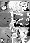 2018 6_breasts anthro breasts canid canine canis clothing comic corablue dialogue digital_media_(artwork) domestic_dog english_text female fight greyscale group hat headgear headwear hi_res husky_(corablue) jack_(corablue) magic_user mammal monochrome multi_breast nude palmyra_(corablue) portal scalie speech_bubble text witch