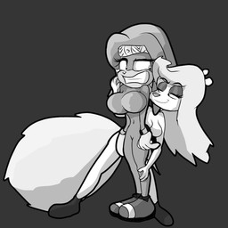 blonde_hair breasts clenched_teeth clothing duo eyeshadow featureless_breasts featureless_crotch female female/female footwear footwear_only fur gloves gloves_only hair handwear handwear_only jewelry makeup mostly_nude navel nude orange_body orange_fur shoes shoes_only simple_background smile standing teeth white_body toottootsonicwarrior_(artist) animaniacs sega sonic_adventure sonic_the_hedgehog_(series) sonic_x warner_brothers minerva_mink tikal_the_echidna echidna mammal mink monotreme mustelid musteline true_musteline absurd_res black_and_white crossover hi_res monochrome