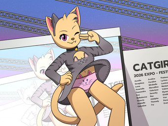 anthro bell bell_collar biped breasts cat_ear_headband cat_ear_panties cleavage cleavage_cutout clothed clothing collar colored_edge_panties colored_edge_underwear crotch_seam cutout face_panties face_underwear fake_ears_hairband fangs female front-print_panties fur gesture hand_on_face hand_on_hip inner_ear_fluff looking_at_viewer navel panties panty_tag performance pink_clothing pink_panties pink_underwear purple_eyes solo stage standing tail tan_body tan_fur teeth text tuft underwear upskirt ponponthedreambunny domestic_cat felid feline felis mammal 2026 4:3 digital_drawing_(artwork) digital_media_(artwork) english_text hi_res