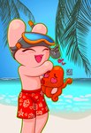 anthro beach clothing feral heart_symbol male swimwear bunny_maloney_meko bunny_maloney bunny_maloney_(character) cephalopod coleoid decapodiform lagomorph leporid mammal marine mollusk octopodiform octopus rabbit squid 2024 official_art tagme