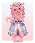 3_toes anthro asian_clothing blue_clothing blue_kimono clothing east_asian_clothing feet floral_print fur hair japanese_clothing kemono kimono mob_cap pawpads pink_body pink_fur pink_hair simple_background solo text toes autumnorangee touhou yuyuko_saigyouji domestic_cat felid feline felis mammal hi_res japanese_text