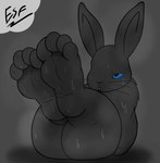 4_toes ambiguous_gender anthro big_butt black_body black_eyes black_fur black_nose blue_sclera bodily_fluids buckteeth butt casual_nudity claws curvy_figure feet foot_fetish foot_focus fur half-closed_eyes hindpaw humanoid_feet in_heat legs_up long_ears looking_at_foot musk narrowed_eyes nude open_mouth paws plantigrade presenting presenting_hindquarters rear_view short_stack simple_background sitting soles solo sweat teeth thick_thighs toe_claws toes whiskers wide_hips wrinkled_feet wrinkles electricsnowfox lagomorph leporid mammal rabbit absurd_res digital_media_(artwork) hi_res