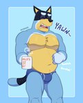 anthro belly beverage biceps big_belly big_bulge big_muscles blue_background blue_border body_hair border briefs briefs_only bulge chest_hair clothed clothing coffee coffee_mug container cup daddy_kink eyebrows eyes_closed fur holding_beverage holding_container holding_cup holding_mug holding_object male mug musclegut muscular muscular_anthro muscular_male navel open_mouth pecs purple_briefs purple_clothing purple_underwear simple_background solo standing steam teeth teeth_showing text text_on_mug tired tongue tongue_showing topless topless_anthro topless_male tuft underwear underwear_only yawn wetwasabi bluey_(series) bandit_heeler australian_cattle_dog canid canine canis cattledog domestic_dog herding_dog mammal pastoral_dog 2023 absurd_res artist_name english_text hi_res