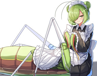 antennae_(anatomy) apron black_clothing black_dress blush clothed clothed_female clothing dress female garter_straps green_eyes green_hair hair legwear light_body light_skin maid_headdress maid_uniform mantis_arms simple_background sitting solo stockings taur_clothing uniform white_apron white_background white_clothing plan039 arthropod arthropod_taur humanoid_taur insect insect_taur mantis mantis_taur taur