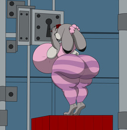 anthro big_breasts big_butt bottomwear breasts butt clothed clothing dipstick_ears ear_markings female female_anthro fur grey_body grey_fur holding_object huge_breasts huge_butt hyper hyper_breasts leggings legwear lock lockpicking multicolored_ears pattern_bottomwear pattern_clothing pattern_leggings pattern_legwear pink_clothing pink_leggings pink_shirt pink_topwear rear_view shipping_container shirt solo standing_on_box standing_on_tiptoes striped_bottomwear striped_clothing striped_leggings striped_legwear stripes thick_thighs tight_clothing topwear unlocking marshall123x_(artist) disney zootopia judy_hopps european_rabbit lagomorph leporid mammal oryctolagus rabbit 2025 absurd_res digital_media_(artwork) hi_res