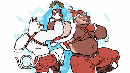 albino anthro brown_body brown_fur christmas_clothing christmas_headwear clothing duo fur grey_body grey_fur harness hat headgear headwear holidays male mistletoe multicolored_body multicolored_fur muscular muscular_anthro muscular_male nipples pink_nose plant santa_hat two_tone_body two_tone_fur white_body white_fur emptysauce christmas echo_(series) echo_project the_smoke_room nikolai_krol samuel_ayers badger cougar european_badger felid feline mammal meles mustelid musteline hi_res