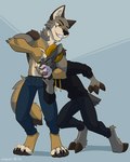 anthro clothing duo hoodie male shirtless shirtless_anthro shirtless_male tongue tongue_out topwear casparr auburn_(auburnthegoat) bovid canid canine canis caprine domestic_dog goat mammal wolf 4:5 absurd_res hi_res