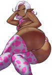 alternative_fashion animal_print arm_support big_butt bikini bottomwear breasts butt clothed clothing cow_print dark_body dark_skin female ganguro_(fashion) gyaru hair hand_on_belly hand_on_head head_on_hand humanoid_pointy_ears j-fashion legwear long_hair looking_at_viewer looking_back lying markings mole_(marking) narrowed_eyes not_furry on_side pattern_clothing pose red_eyes simple_background skimpy skindentation solo spots spotted_clothing stockings swimwear thick_thighs tight_clothing topwear two-piece_swimsuit white_background white_hair wide_hips synecdoche meme_clothing plus-sized_elf kuroeda_(plus-sized_elf) dark_elf elf humanoid digital_media_(artwork) hi_res meme pinup