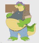 3_toes 4_fingers anthro belly big_belly bottomwear clothing feet fingers green_body hat headgear headwear male overweight overweight_male pants shirt simple_background solo toes topwear canson brok_the_investigator cowcat_games brok_(brok_the_investigator) alligator alligatorid crocodilian reptile scalie 2024 hi_res