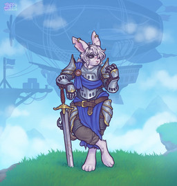 aircraft airship anthro armor barefoot belt breastplate chainmail clothing cloud feet female fur gauntlets gloves grass grey_body grey_fur grey_hair hair handwear melee_weapon outside pauldron plant plate_armor solo standing sword tattoo vehicle weapon taffywabbit calypso_(deathwolf) lagomorph leporid mammal rabbit 2025 digital_media_(artwork) hi_res