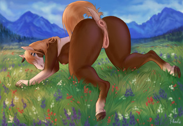 animal_genitalia animal_vulva anthro anthrofied anus aroused blonde_hair breasts brown_body butt equine_genitalia equine_vulva female genitals grass hair nipples nude outside plant playful presenting presenting_anus presenting_vulva solo tail teasing teasing_viewer teasing_with_butt vulva phaulis dreamworks spirit:_stallion_of_the_cimarron rain_(cimarron) equid equine mammal hi_res