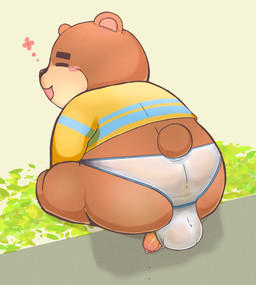 anthro blue_seam_briefs blush briefs brown_body brown_fur bulge chibi clothing colored_seam_underwear eyes_closed fur genitals kemono male overweight overweight_anthro overweight_male penis penis_poking_out penis_through_fly shirt sitting solo topwear translucent translucent_briefs translucent_clothing translucent_underwear underwear white_briefs white_clothing white_underwear inusawa animal_crossing nintendo teddy_(animal_crossing) bear mammal 2021 hi_res