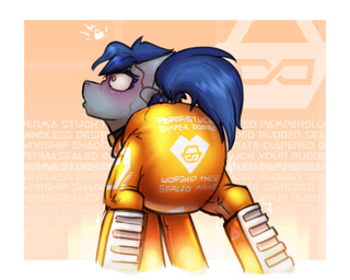 anthro blue_body blue_hair blue_tail blush bodily_fluids boots clothed clothing diaper diaper_fetish diaper_under_clothing diaper_under_latex diaper_under_skinsuit female footwear hair infinity_symbol latex latex_clothing latex_skinsuit lock_symbol locked_diaper orange_latex shoes skinsuit solo sweat sweatdrop symbol tail text text_on_clothing text_on_latex tight_clothing wearing_diaper krd friendship_is_magic hasbro my_little_pony nightshade_(mlp) shadowbolts_(mlp) equid equine mammal 5:4 hi_res orange_theme