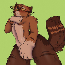 anthro breasts brown_body brown_fur covering covering_self female fur hand_on_breast low-angle_view medium_breasts orange_body orange_fur pose shy solo standing spottledmutt felid feline mammal hi_res pinup