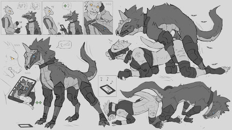 all_fours anal anal_penetration anthro anthro_on_feral anthro_penetrated balls bestiality bone cellphone clothing collar duo electronics feral feral_penetrating feral_penetrating_anthro fingerless_gloves genitals gloves handwear heart_symbol knee_pads knotting male male/male multiple_positions muzzle_(object) muzzled penetration penis penis_backwards phone reverse_doggystyle sex smartphone murskahammas lizard reptile scalie 16:9 2023 black_and_white hi_res monochrome widescreen
