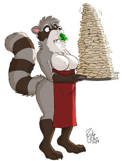 anthro apron apron_only baking_tray big_breasts black_nose bottomwear breasts brown_body brown_fur casual_nudity clothed clothing cookie digitigrade facial_markings featureless_breasts female food food_in_mouth fur gloves_(marking) grey_body grey_fur head_markings holding_object holding_plate leg_markings markings mask_(marking) mature_female mostly_nude multicolored_body multicolored_fur neck_tuft nude plate raccoon_tail ring_(marking) ringed_tail simple_background socks_(marking) solo striped_markings striped_tail stripes tail tail_markings topless topless_anthro topless_female tuft white_background white_body white_fur rick_griffin third-party_edit hazel_(collector_canine) mammal procyonid raccoon 2023 dated digital_media_(artwork) hi_res