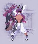 accessory anthro big_breasts black_nose bottomwear breasts clothed clothing detailed_background female fishnet_clothing footwear graffiti hair hair_accessory hairband hoodie huge_breasts long_hair midriff navel nipple_tape oversized_clothing pants pasties purple_hair raised_clothing raised_shirt raised_topwear shirt shoes small_waist sneakers solo spikes standing tape text text_on_bottomwear text_on_clothing text_on_pants topwear wide_stance smokyjai adidas canid canine canis domestic_dog mammal 2018 hi_res