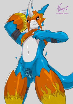 anthro armor athletic athletic_anthro athletic_male blue_body clothed clothing clothing_lift crop_top evolution evolution_(transformation) featureless_crotch headgear helmet looking_at_viewer low-angle_view male midriff navel raised_arm raised_clothing red_eyes shirt shirt_lift simple_background slim solo tail topwear transformation white_background wireframe negy bandai_namco digimon mythology digimon_(species) dragon flamedramon mythological_creature mythological_scalie scalie 2025 digital_drawing_(artwork) digital_media_(artwork) hi_res