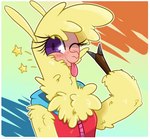 alpaca anthro blush camelid chest_tuft cloven_hooves female fluffy hi_res hitsuji hooves mammal paprika_paca_(tfh) purple_eyes sleeveless_hoodie solo sparkles sparkling_eyes star them's_fightin'_herds tongue tongue_out tuft zipper