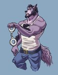 anthro arm_hair beard belt biceps blue_background body_hair bottomwear bulge chest_hair clothing cuff_(restraint) denim denim_bottomwear denim_clothing facial_hair forearm_hair forearms handcuffs holding_handcuffs jeans male manly mature_male metal_cuffs muscular mustache pants pecs restraints shirt simple_background solo standing tank_top topwear triceps white_clothing white_shirt white_tank_top white_topwear qwerty-0 canid canine canis mammal wolf 2020 hi_res