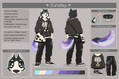 anthro bag bass_guitar black_body black_fur blue_sclera bondage_pants bottomwear chain clothing collar footwear front_view fur ghost_tail glowing glowing_ears glowing_tail guitar hand_on_pants hoodie https://x.com/sundaymutt male musical_instrument pants plucked_string_instrument rear_view shoes solo string_instrument sweater tail text topwear sundaymutt sunday_(sundaymutt) canid canine canis domestic_dog ghost husky mammal nordic_sled_dog siberian_husky spirit spitz 3:2 english_text meme model_sheet