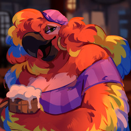 anthro beak beverage black_beak blue_body blue_feathers blurred_background breasts clothed clothing eyelashes feathers female female_anthro foam green_eyes headgear headwear holding_beverage holding_object looking_at_viewer non-mammal_breasts open_mouth purple_clothing purple_headwear purple_topwear red_body red_feathers solo topwear yellow_body yellow_feathers corzh77 ara_(genus) avian bird macaw neotropical_parrot parrot scarlet_macaw true_parrot 1:1 absurd_res hi_res