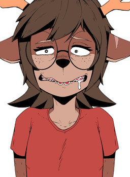 anthro bodily_fluids braces clothing drooling eye_bags eyewear female freckled_face freckles glasses horn nerd saliva scar shirt shy smile t-shirt topwear uncomfortable pinacatte becky_gilmore deer mammal new_world_deer hi_res unfinished