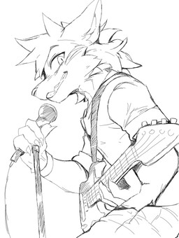 anthro bass_guitar bottomwear clothing electronics guitar male microphone microphone_stand musical_instrument pants plucked_string_instrument shirt side_view simple_background solo string_instrument t-shirt teeth topwear eneki_sei canid canine canis mammal wolf absurd_res hi_res monochrome sketch